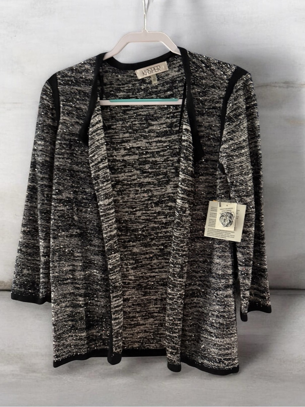 Kasper Black Silver Sequin Cardigan Sweater Small Open Front Metallic